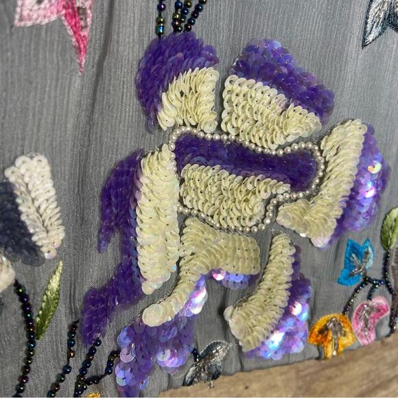 Vintage L heavily embroidered and beaded skirt set sage green floral motif - Picture 4 of 12